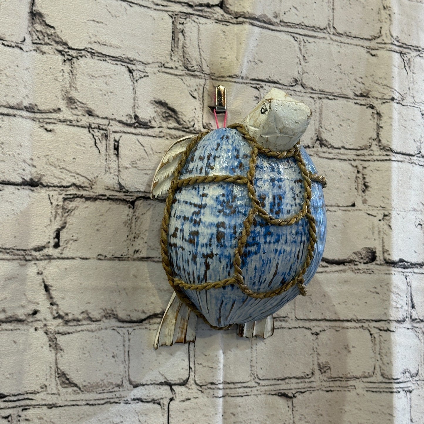 White Blue Folk Art Hand Painted Turtle Coconut Shell Ornaments Hanging Decor
