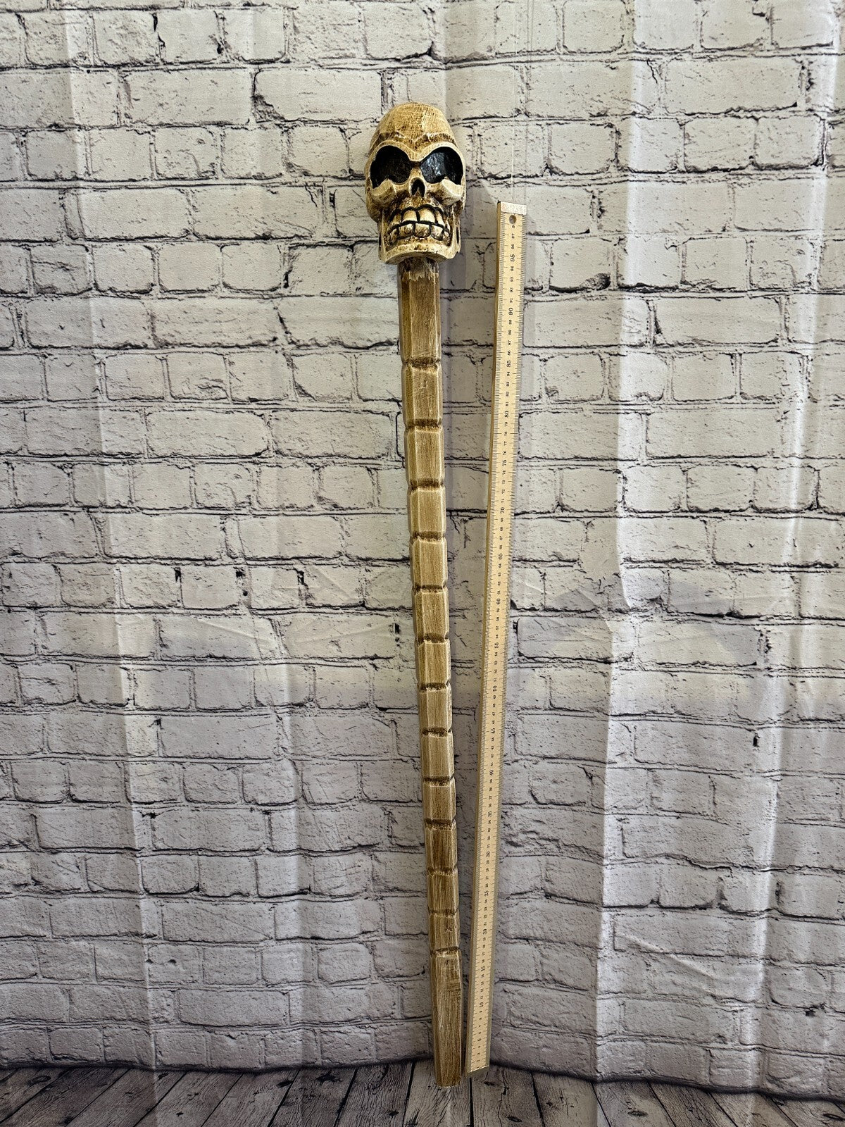 Skull Head Bald Plain 100cm Tribal Walking Stick Cane Hand Carved Light Wood