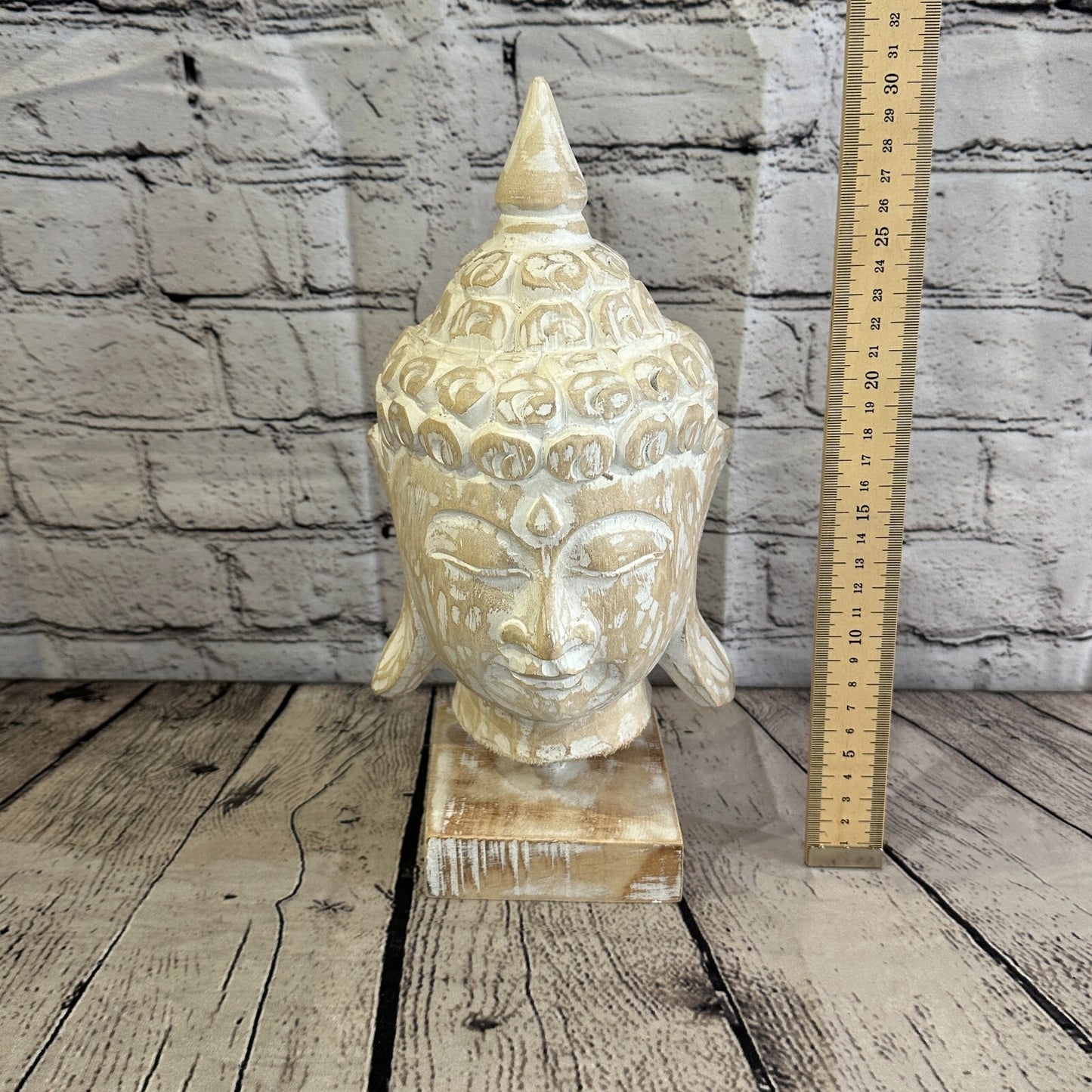 30cm White Buddha Head Wooden Standing Statue Figurine Ornament Fair Trade