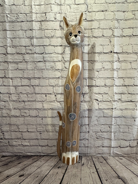 100cm Light Brown Flower Wooden Shabby Cat Statue Ornament Fair Trade Handcarved