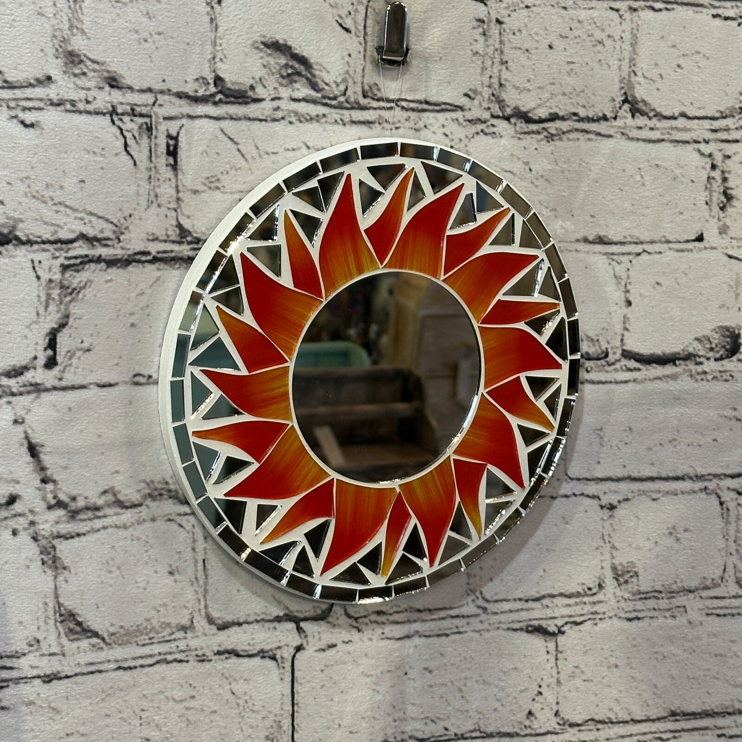 Red Flame Sun Mosaic Tile Wall Mirror 20cm x 20cm 8 Inches Handmade New