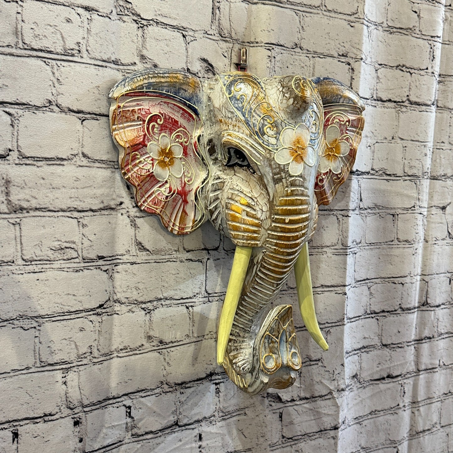 40cm x 35cm Pink Flower Painted Wood Elephant Head Wall Mounted Art Shabby