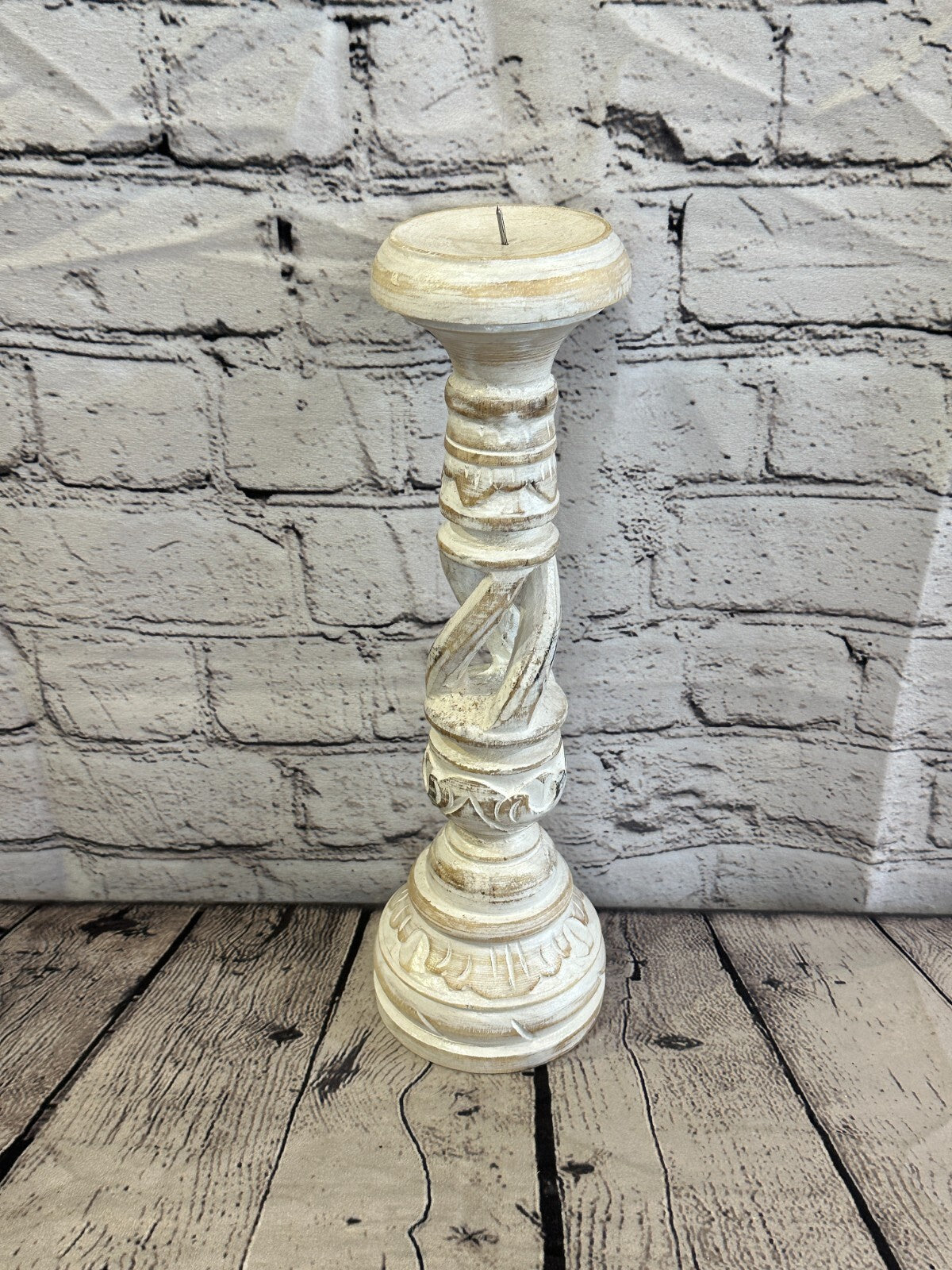 30cm White Tall Candlestick Shabby Chic Distressed Twist Column Candle Holder
