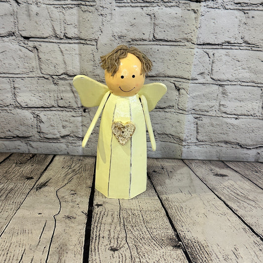 20cm x 8cm White Cream Angel Gold Heart Handcrafted Wood Xmas Christmas Ornament
