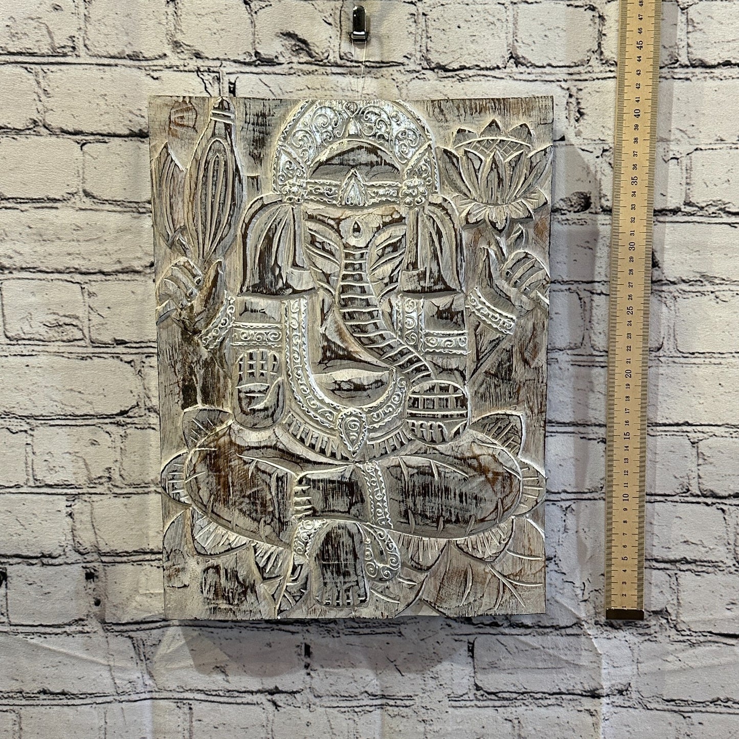 Wooden Wood Panel 40cm Brown White Ganesh Lotus Wall Art Plaque Handcarved