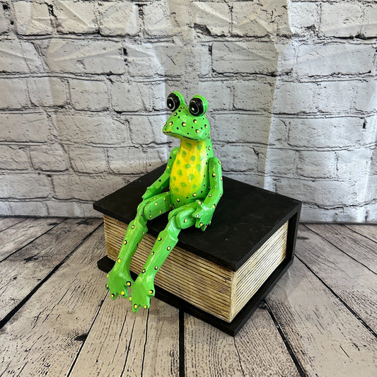 20cm Green Frog Sitting Animal, Wooden Shelf Ornament Handmade & Fairtrade