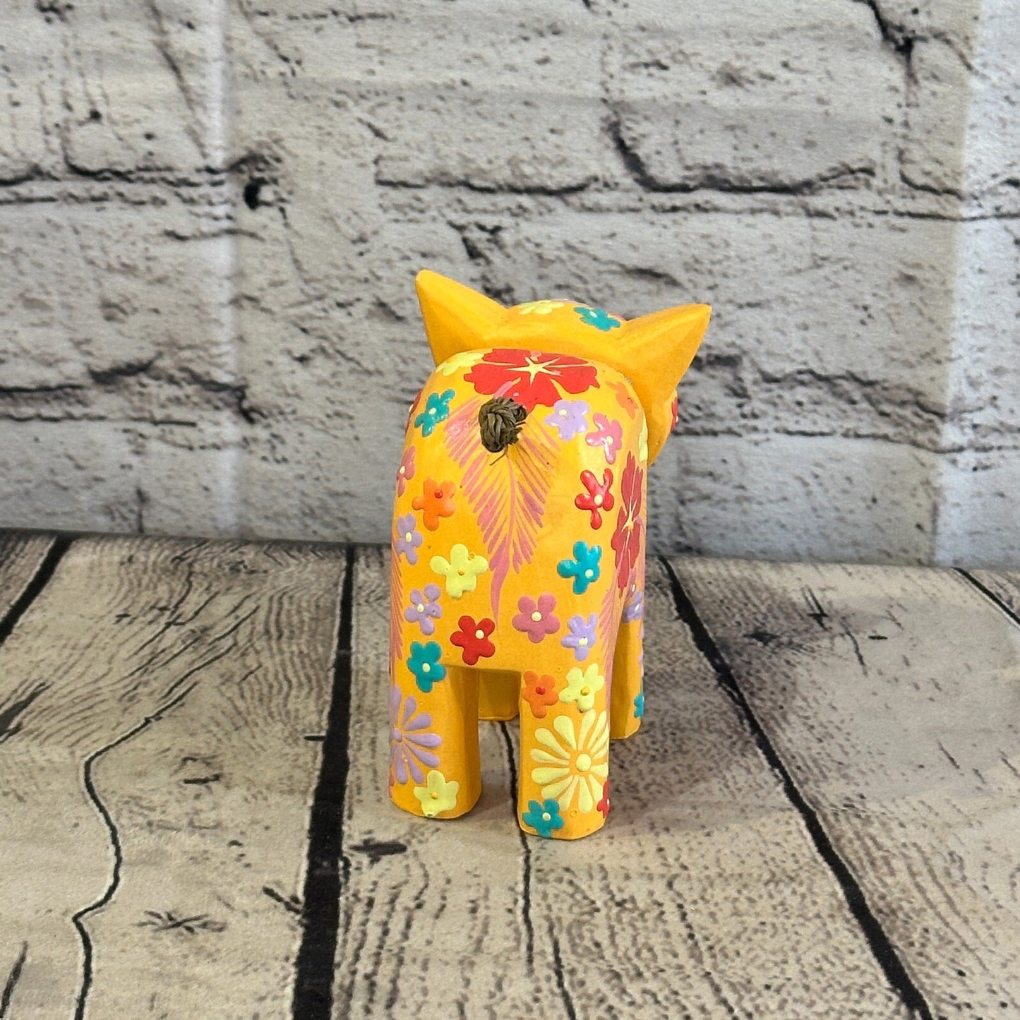 Orange Small Wooden Cat With Flower Pattern 10cm x 8cm Handmade and Fairtrade