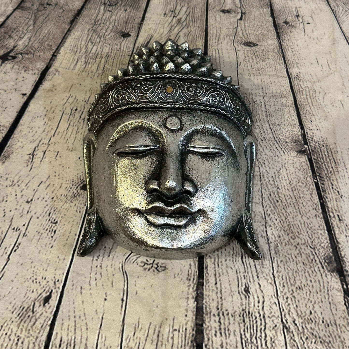 25cm Silver Buddha Head Mask Wooden Hanging Statue Figurine Ornament Fair Trade