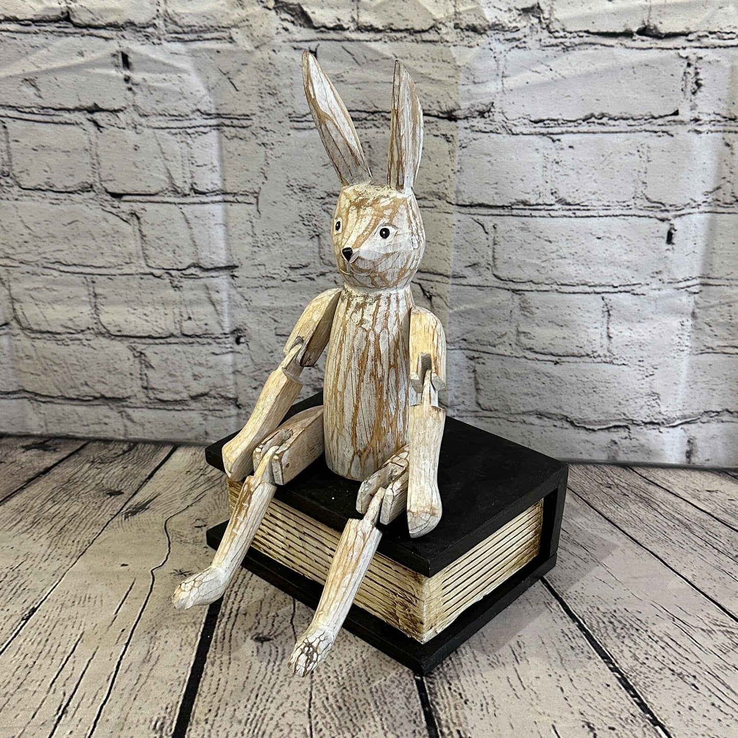 25cm Shabby White Rabbit Sitting Animal Wooden Shelf Ornament Handmade Fairtrade