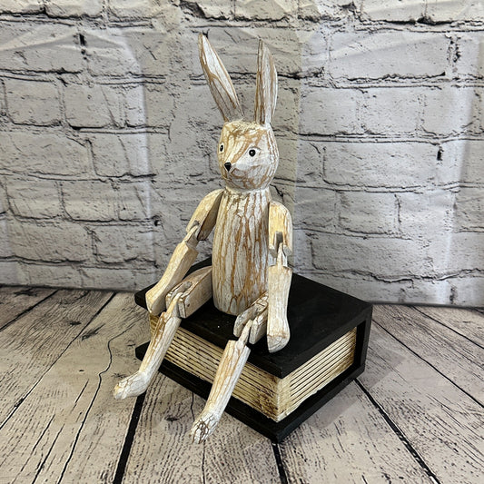 25cm Shabby White Rabbit Sitting Animal Wooden Shelf Ornament Handmade Fairtrade