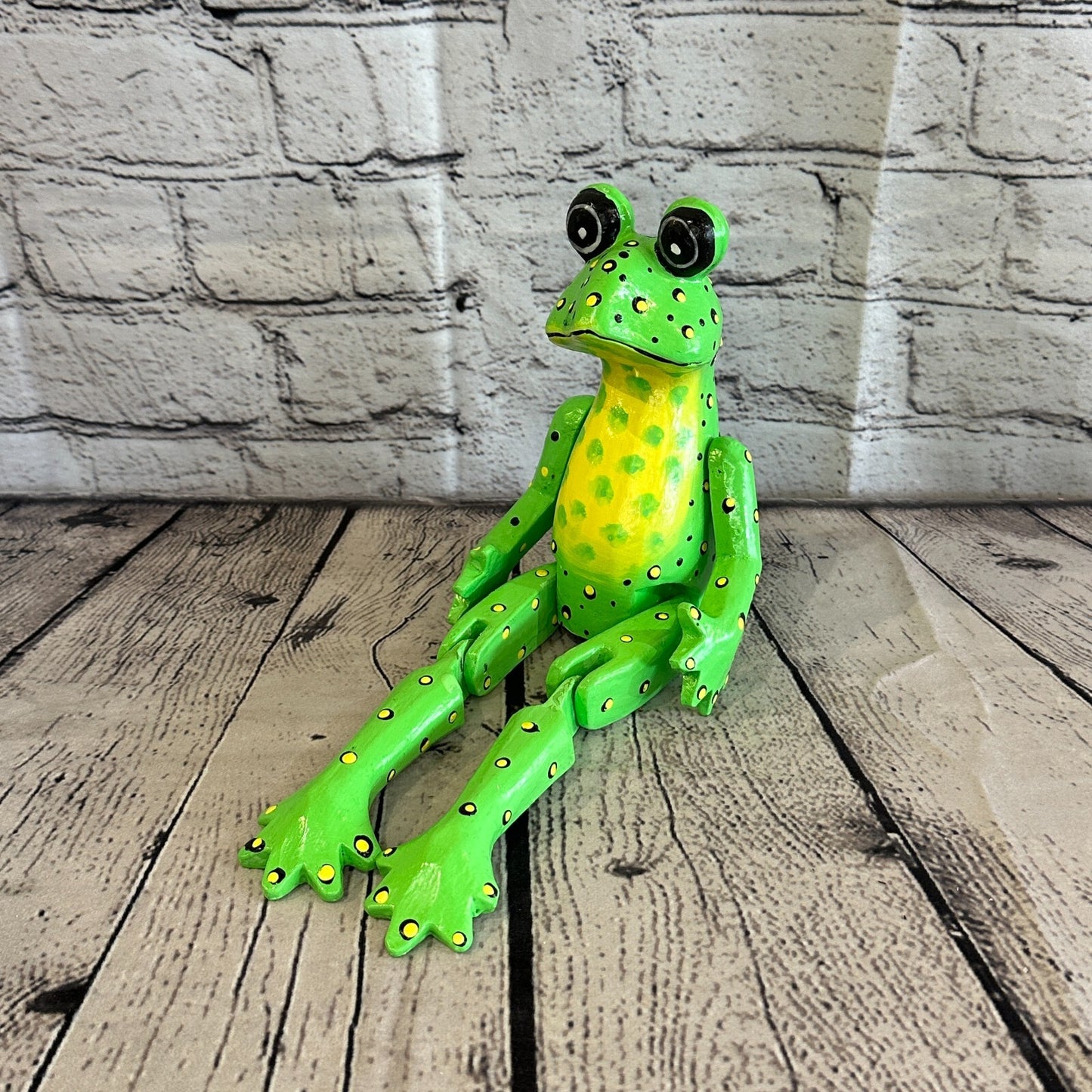 20cm Green Frog Sitting Animal, Wooden Shelf Ornament Handmade & Fairtrade