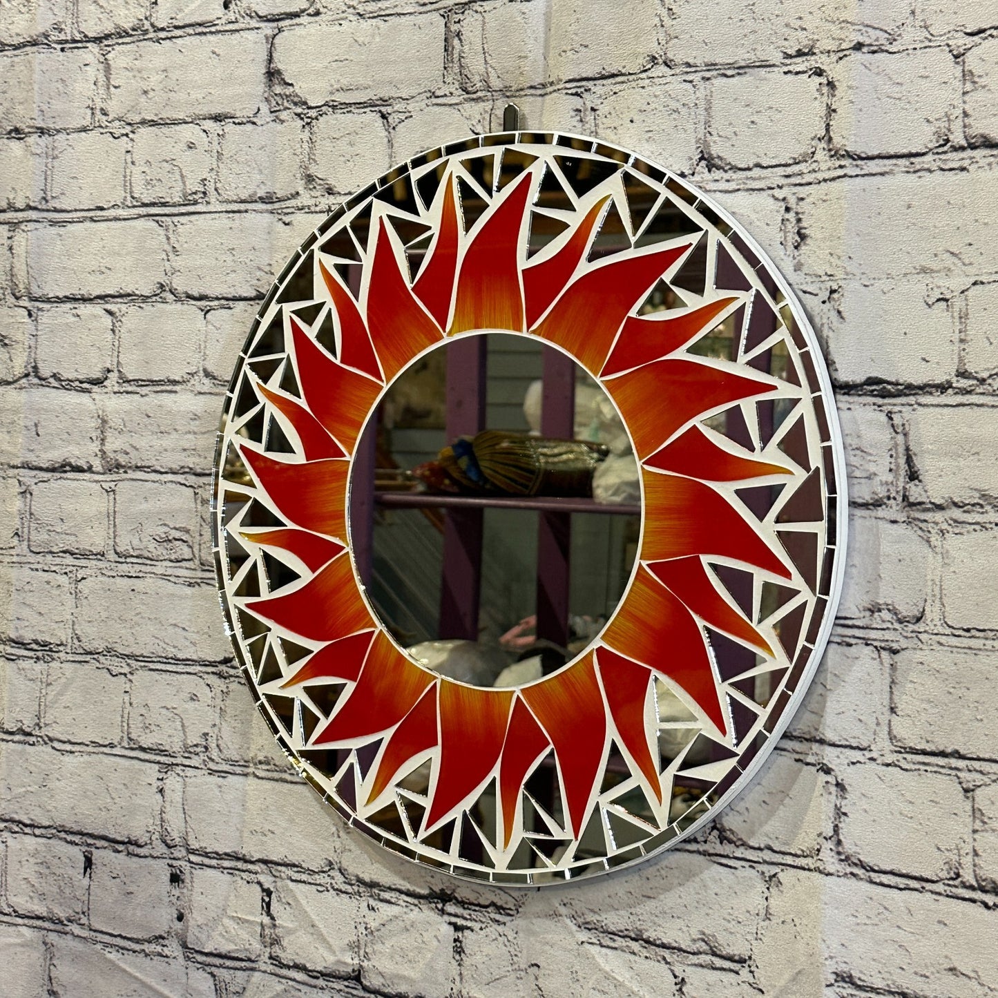 Red Flame Sun Mosaic Tile Wall Mirror 40cm x 40cm 16 Inches Handmade New