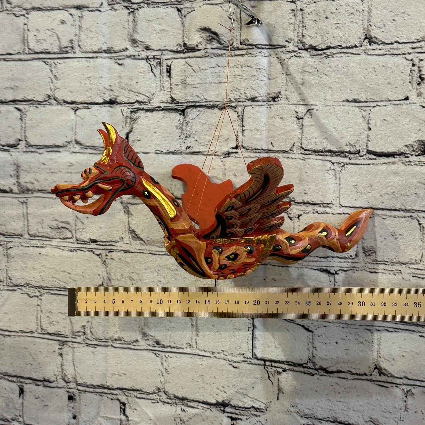 Medium Red Dragon Folk Art Wood Flying Winged Mobile Spirit Chaser Guardian