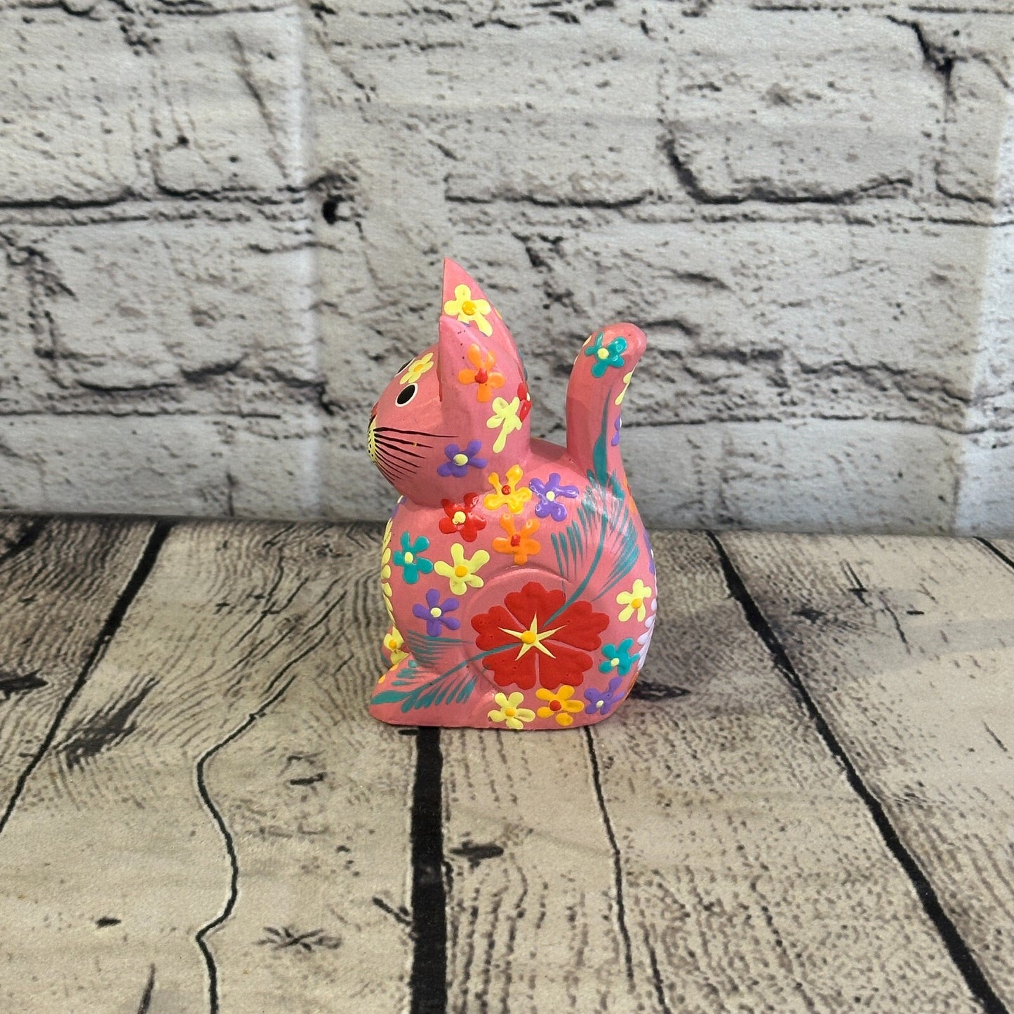Pink Small Wooden Cat With Flower Pattern 12cm x 6cm Handmade and Fairtrade
