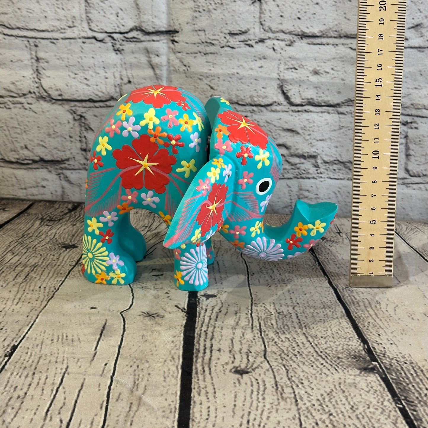 Blue Wooden Elephant With Flower Pattern 15cm x 18cm Handmade and Fairtrade