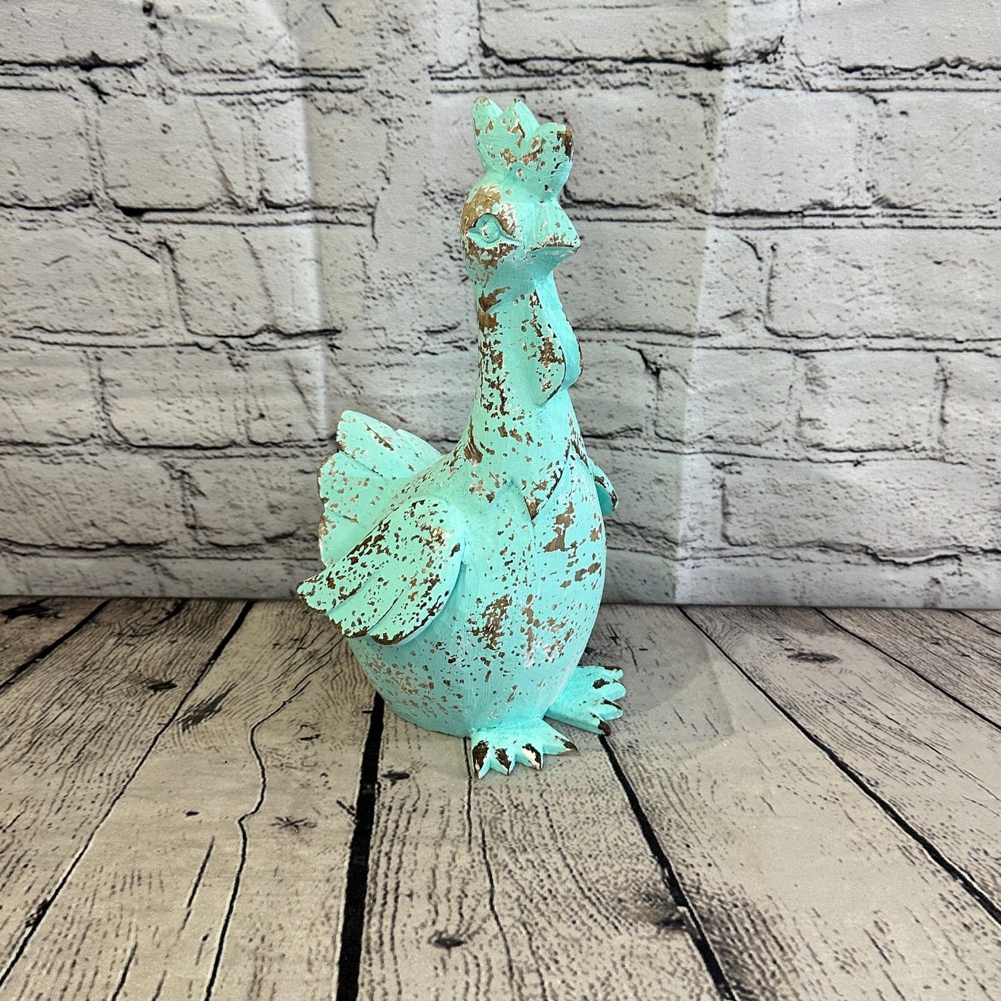 25cm x 12cm Green Shabby Wooden Rooster Cockerel Retro Collectable Hand Carved