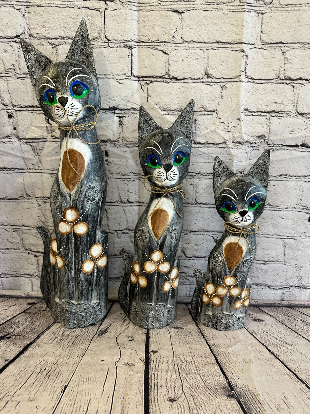 40cm Grey Swirl Flower Wooden Shabby Cat Statue Ornament Fair Trade Handcarved