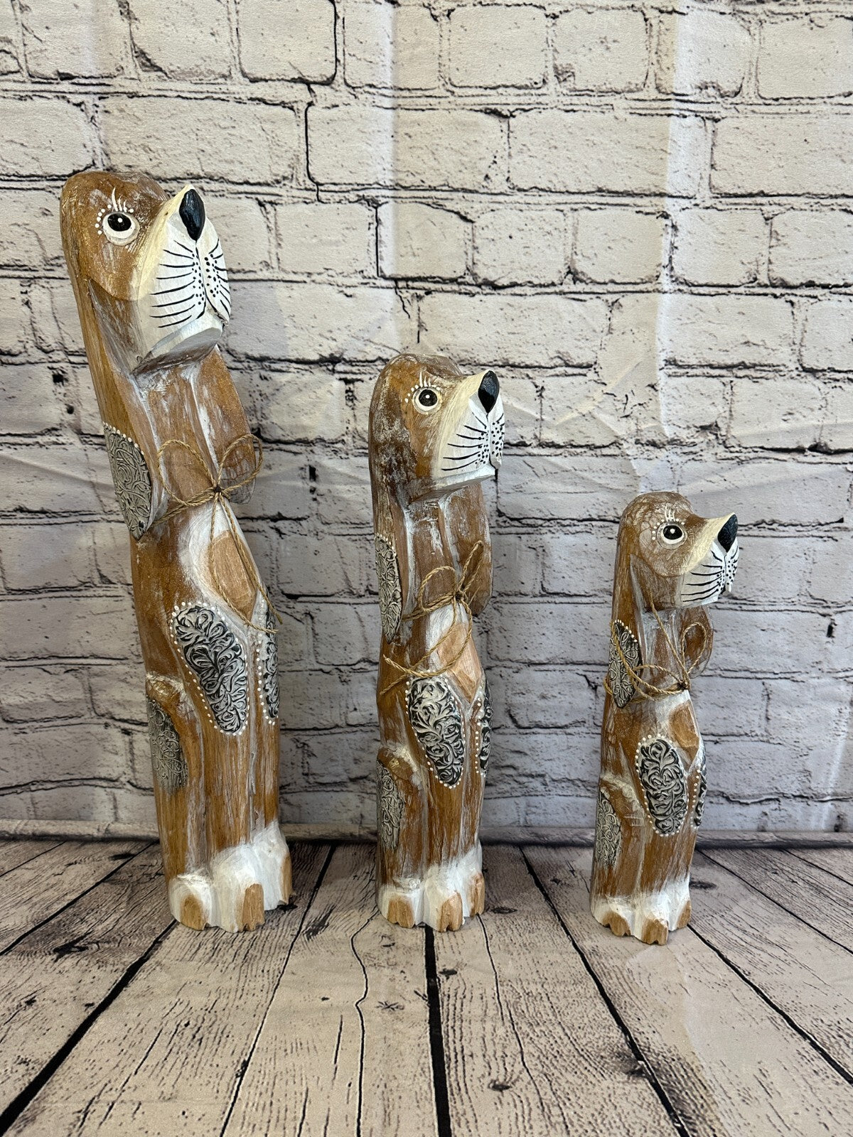 30cm Light Brown Flower Wooden Shabby Dog Statue Ornament Fair Trade Handcarved