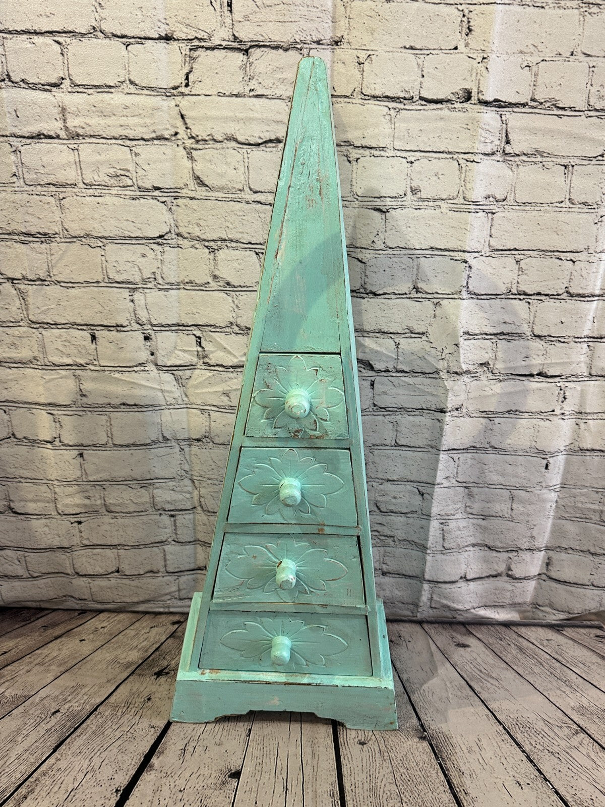80cm x 30cm Green 3 Draw Pyramid Wooden Side Cabinet Living Storage Furniture