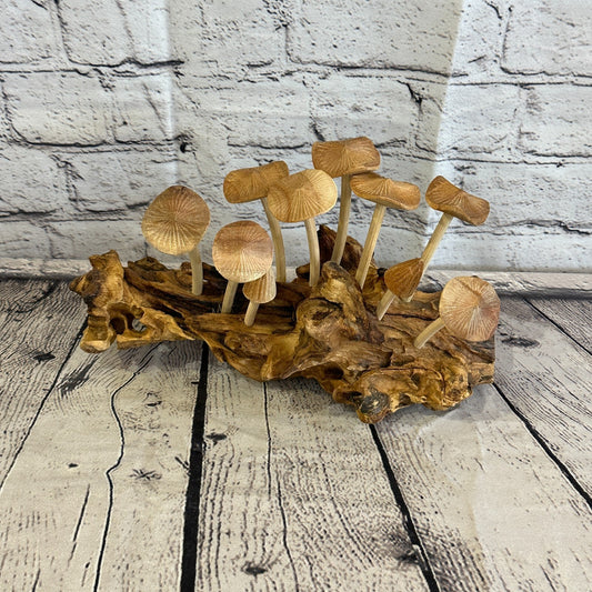 25cm Long Mushrooms Cluster Parasite Ornament Natural Carving Fairtrade Wooden