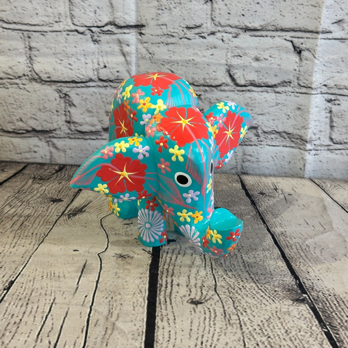 Blue Wooden Elephant With Flower Pattern 15cm x 18cm Handmade and Fairtrade