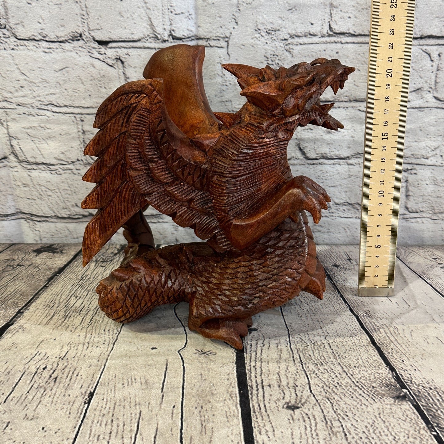 20cm x 20cm Dark Wooden Standing Dragon Carving Hand Carved Wing Back Dragon