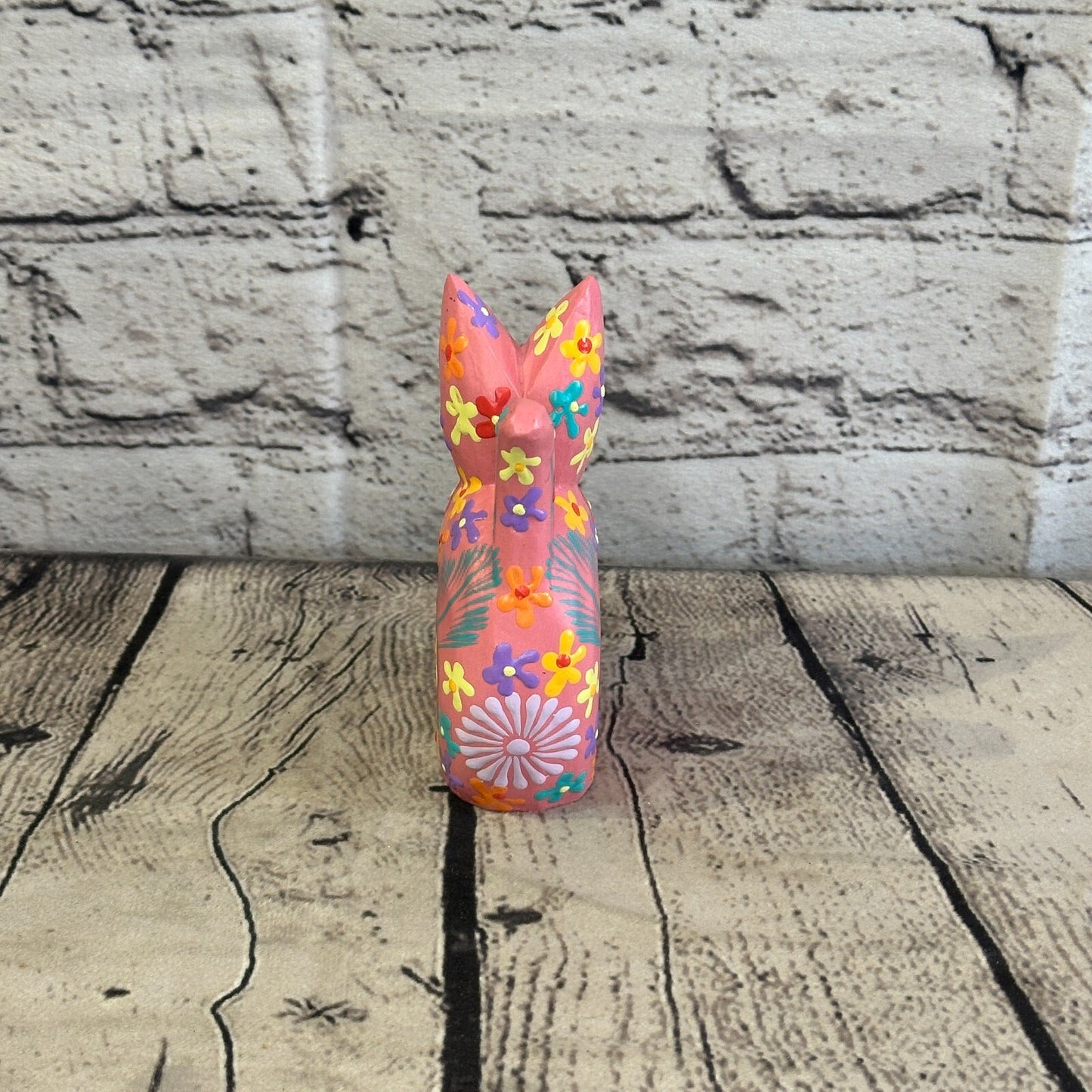 Pink Small Wooden Cat With Flower Pattern 12cm x 6cm Handmade and Fairtrade