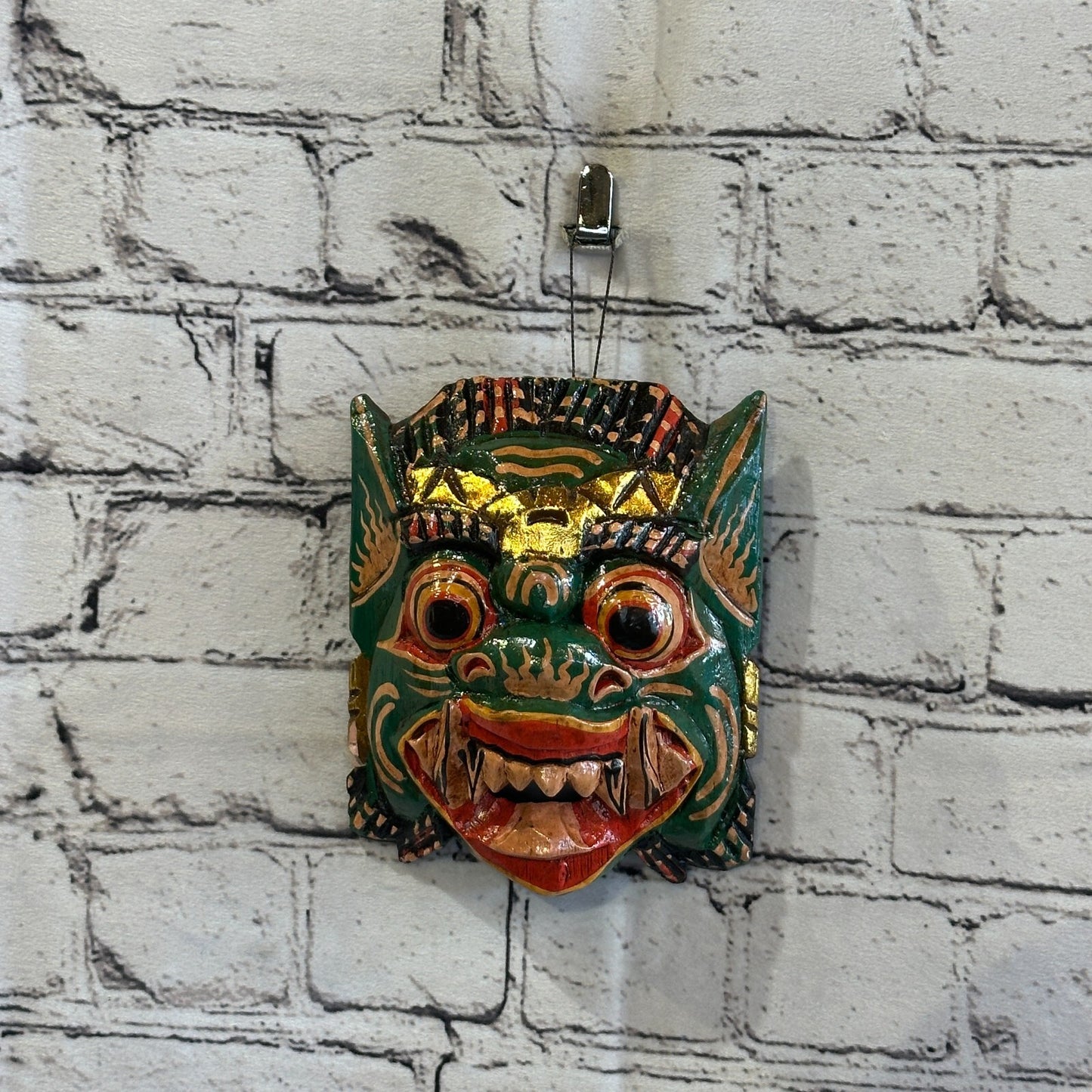 Small Wooden Green Barong Wall Mask 15cm x 12cm Handmade And Fairtrade Hindu
