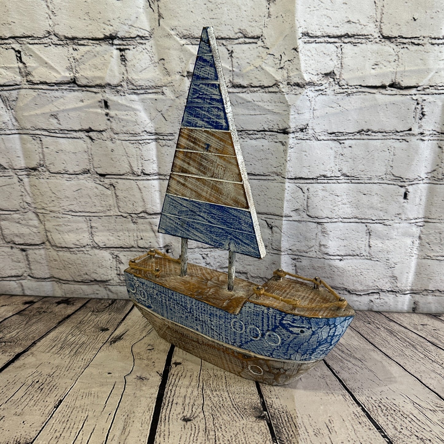40cm Rustic Wooden Brown & Blue Sailing Boat Nautical Ornament Sculpture Decor
