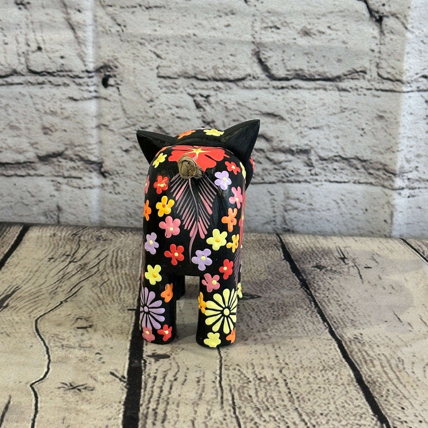 Black Small Wooden Cat With Flower Pattern 10cm x 8cm Handmade and Fairtrade