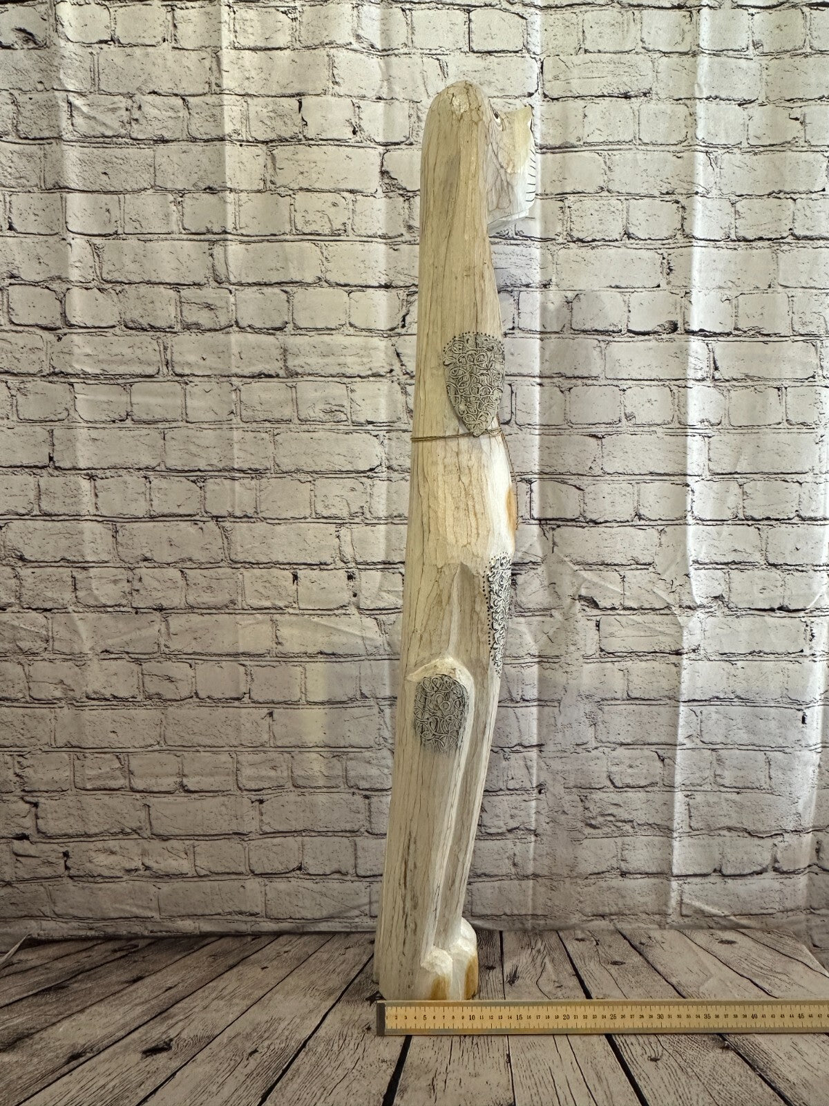 100cm White Flower Wooden Shabby Dog Statue Ornament Fair Trade Handcarved