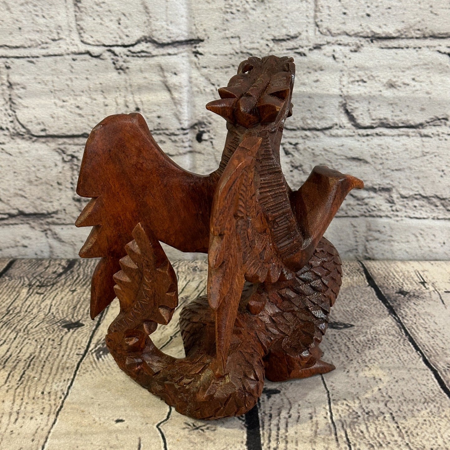 15cm x 15cm Dark Wooden Standing Dragon Carving Hand Carved Wing Back Dragon