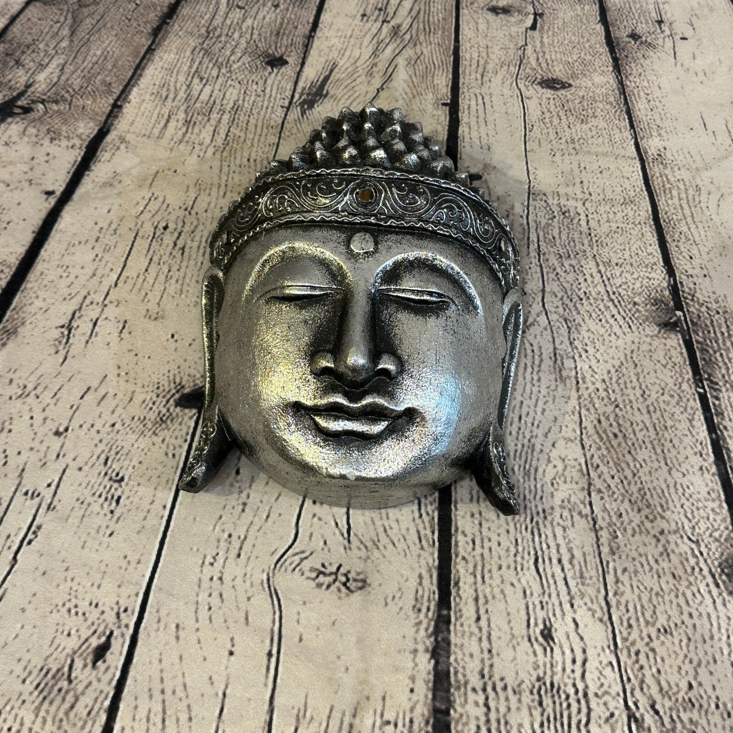 20cm Silver Buddha Head Mask Wooden Hanging Statue Figurine Ornament Fair Trade