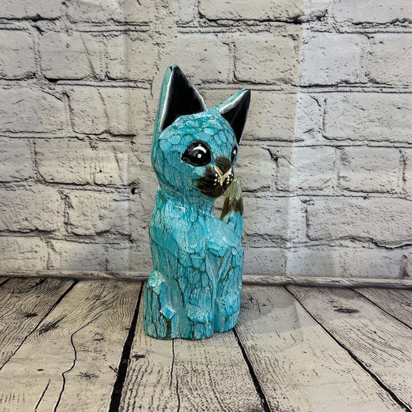 25cm x 10cm Green Flower Wooden Shabby Cat Statue Ornament Fair Trade Handcarved
