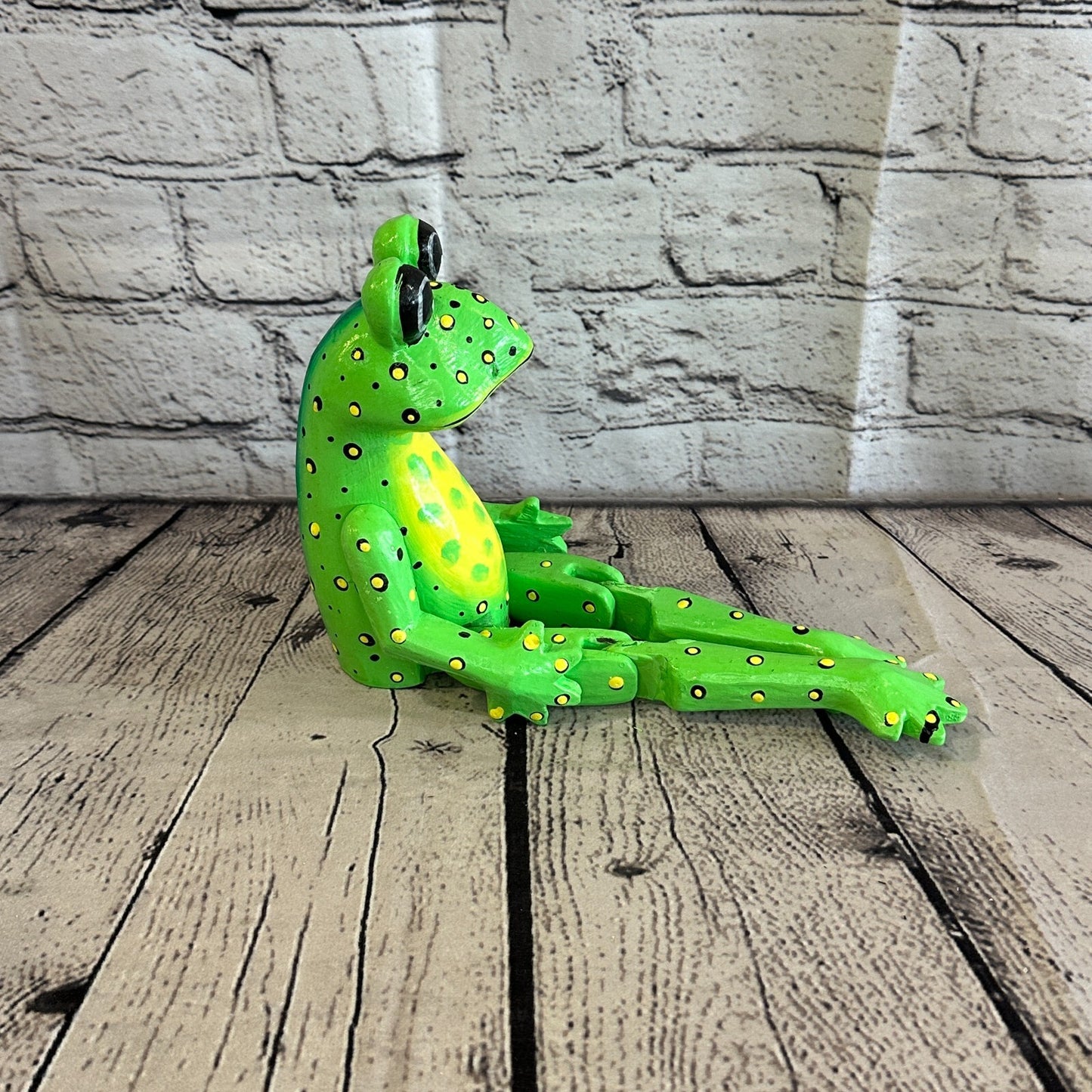 20cm Green Frog Sitting Animal, Wooden Shelf Ornament Handmade & Fairtrade