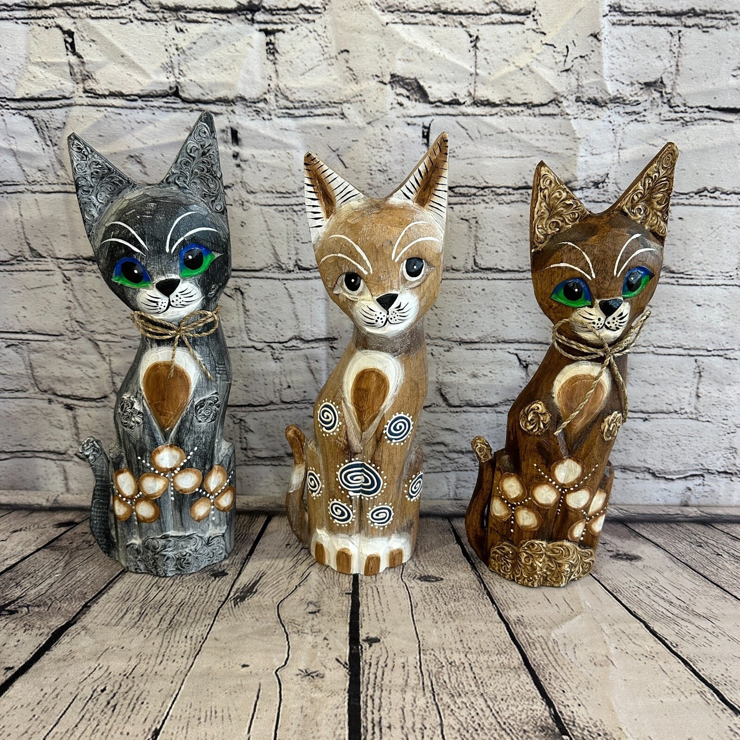 40cm Brown Swirl Flower Wooden Shabby Cat Statue Ornament Fair Trade Handcarved