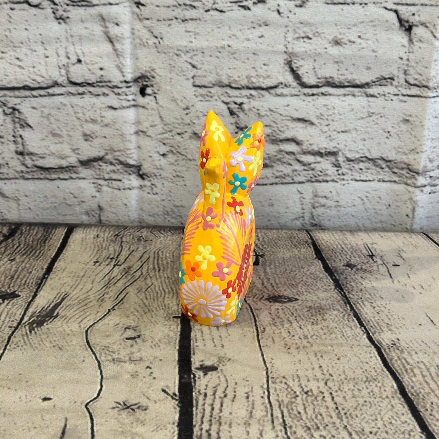 Orange Small Wooden Cat With Flower Pattern 12cm x 6cm Handmade and Fairtrade