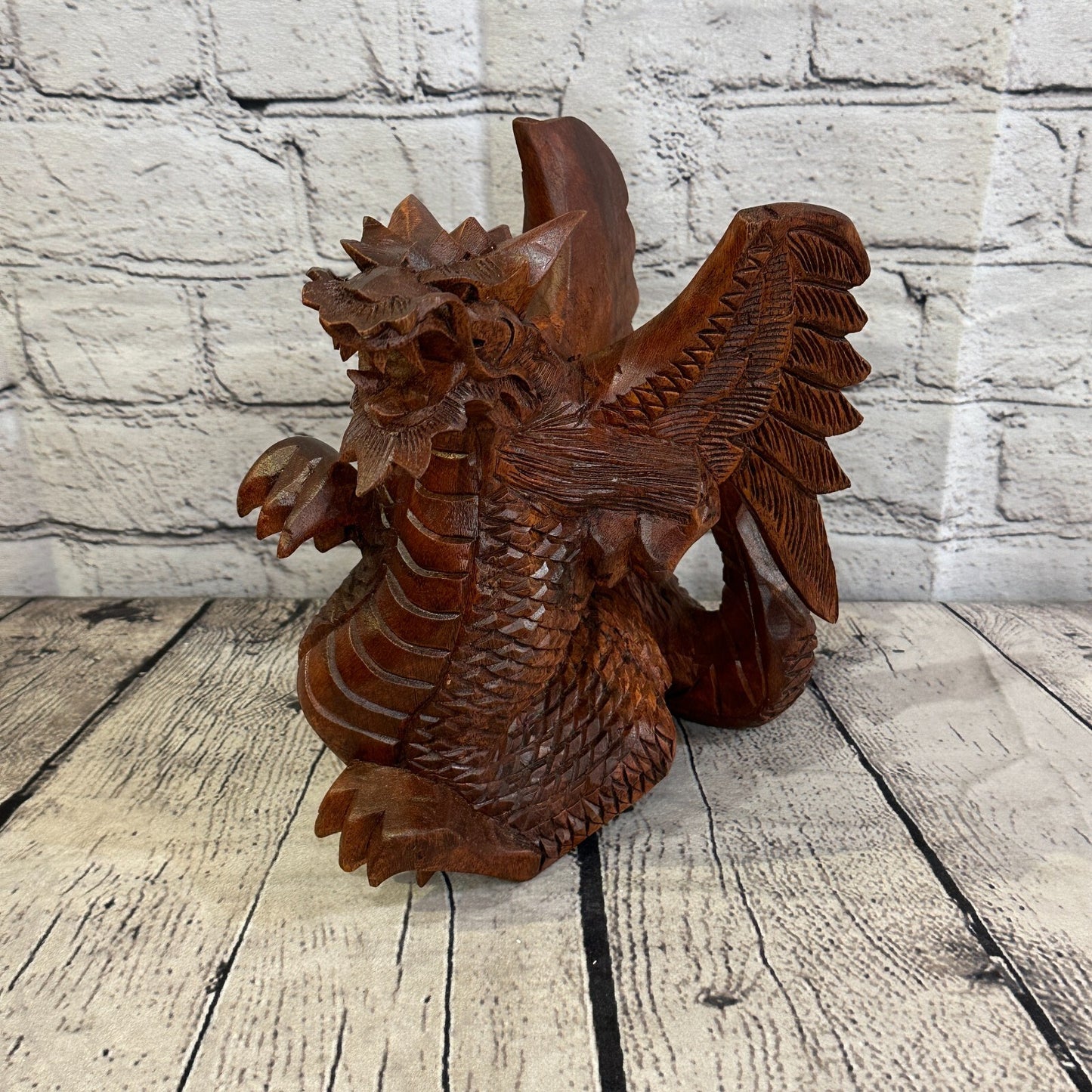 20cm x 20cm Dark Wooden Standing Dragon Carving Hand Carved Wing Back Dragon