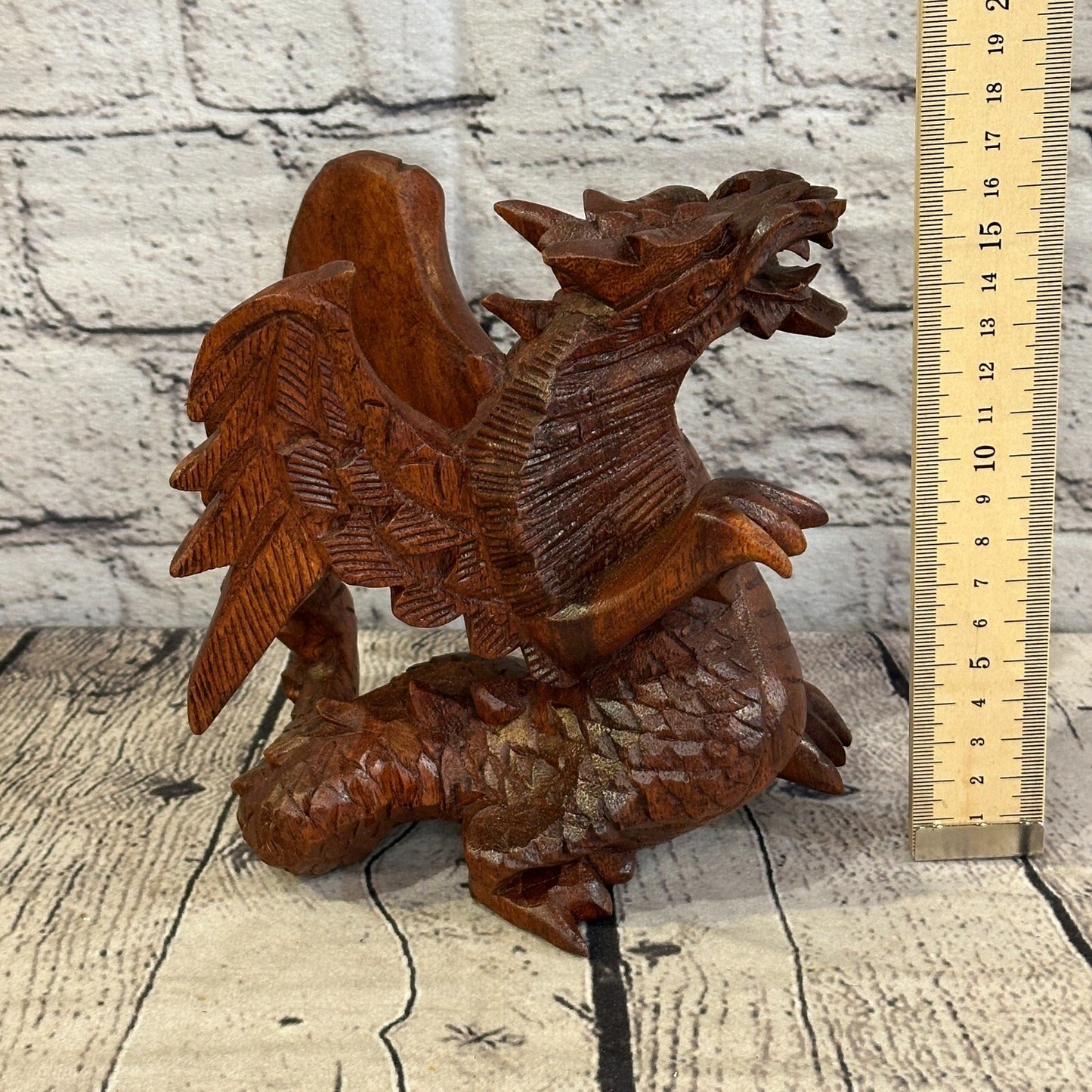 15cm x 15cm Dark Wooden Standing Dragon Carving Hand Carved Wing Back Dragon