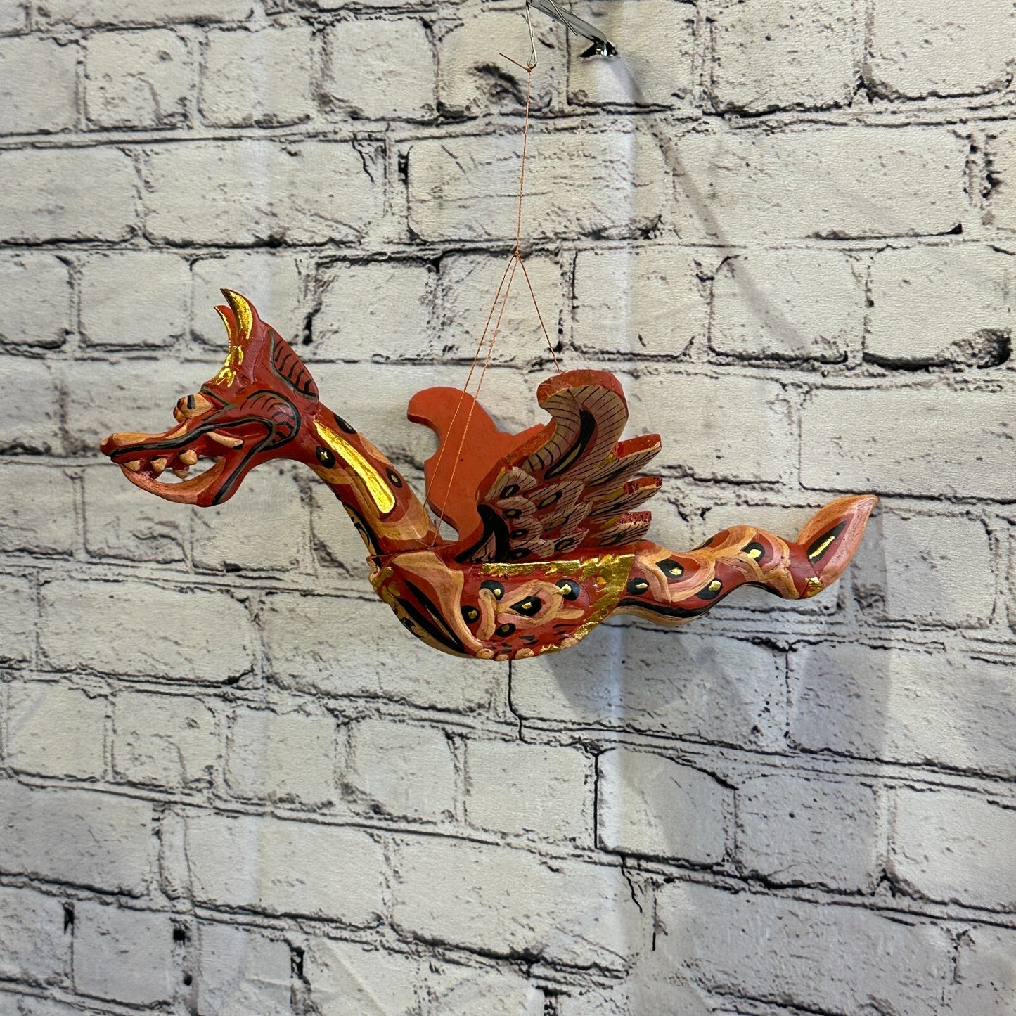 Medium Red Dragon Folk Art Wood Flying Winged Mobile Spirit Chaser Guardian