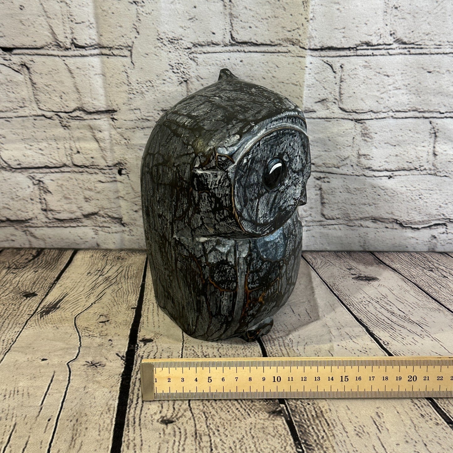 20cm x 15cm Black Flower Wooden Shabby Owl Statue Ornament Fair Trade Handcarved