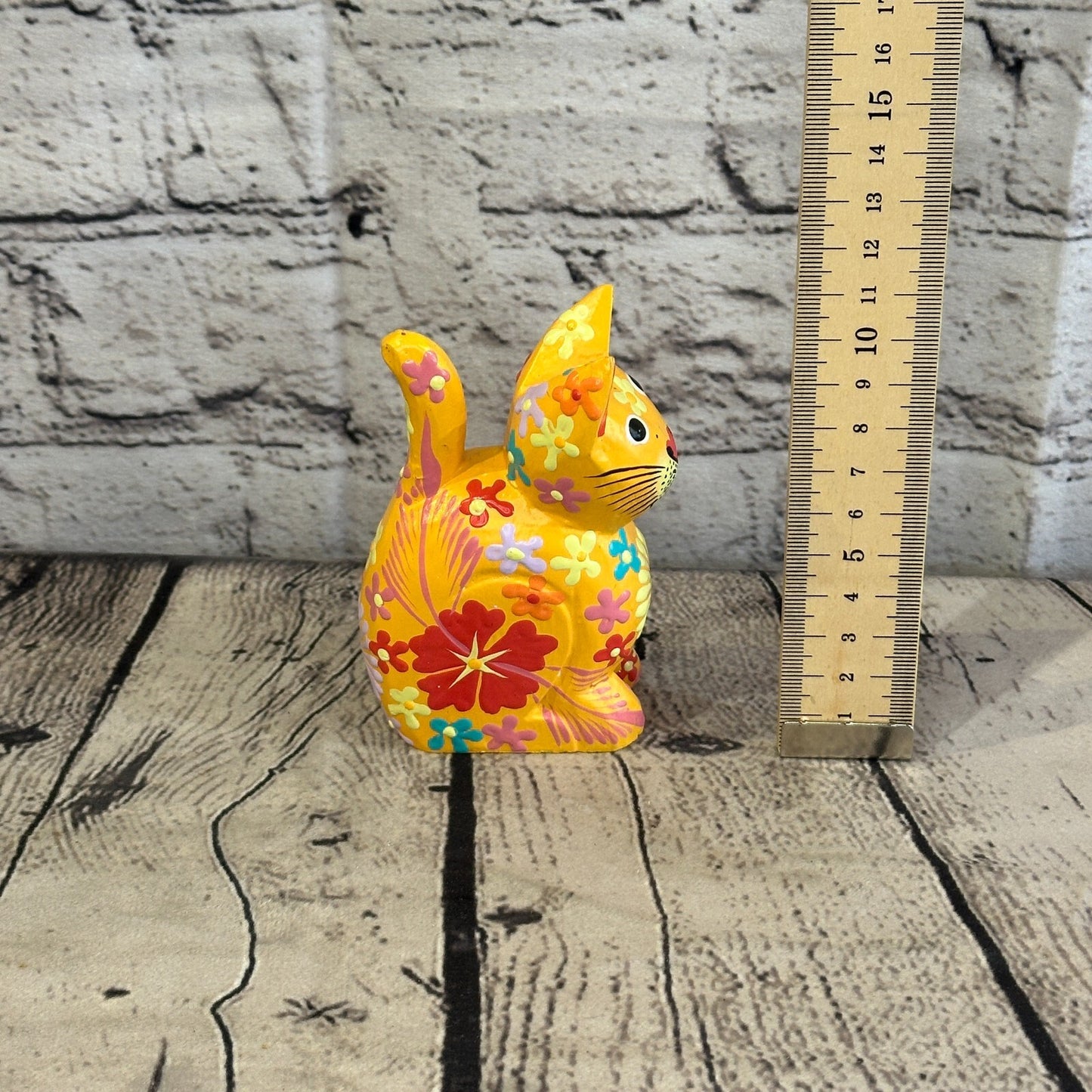 Orange Small Wooden Cat With Flower Pattern 12cm x 6cm Handmade and Fairtrade