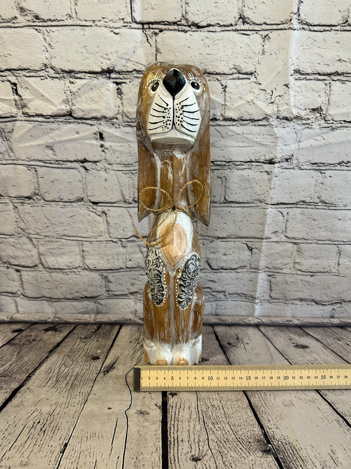 40cm Light Brown Flower Wooden Shabby Dog Statue Ornament Fair Trade Handcarved
