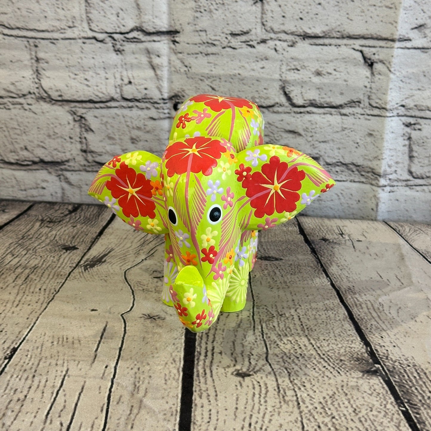 Green Wooden Elephant With Flower Pattern 15cm x 18cm Handmade and Fairtrade