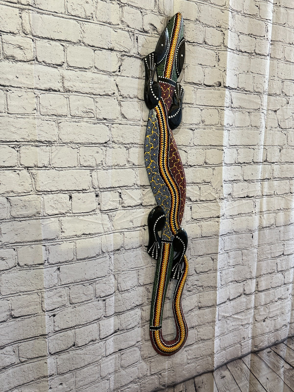 100cm Gecko Carved Wooden Dot Painted Ethnic Tribal Tiki Wall Handmade No 3