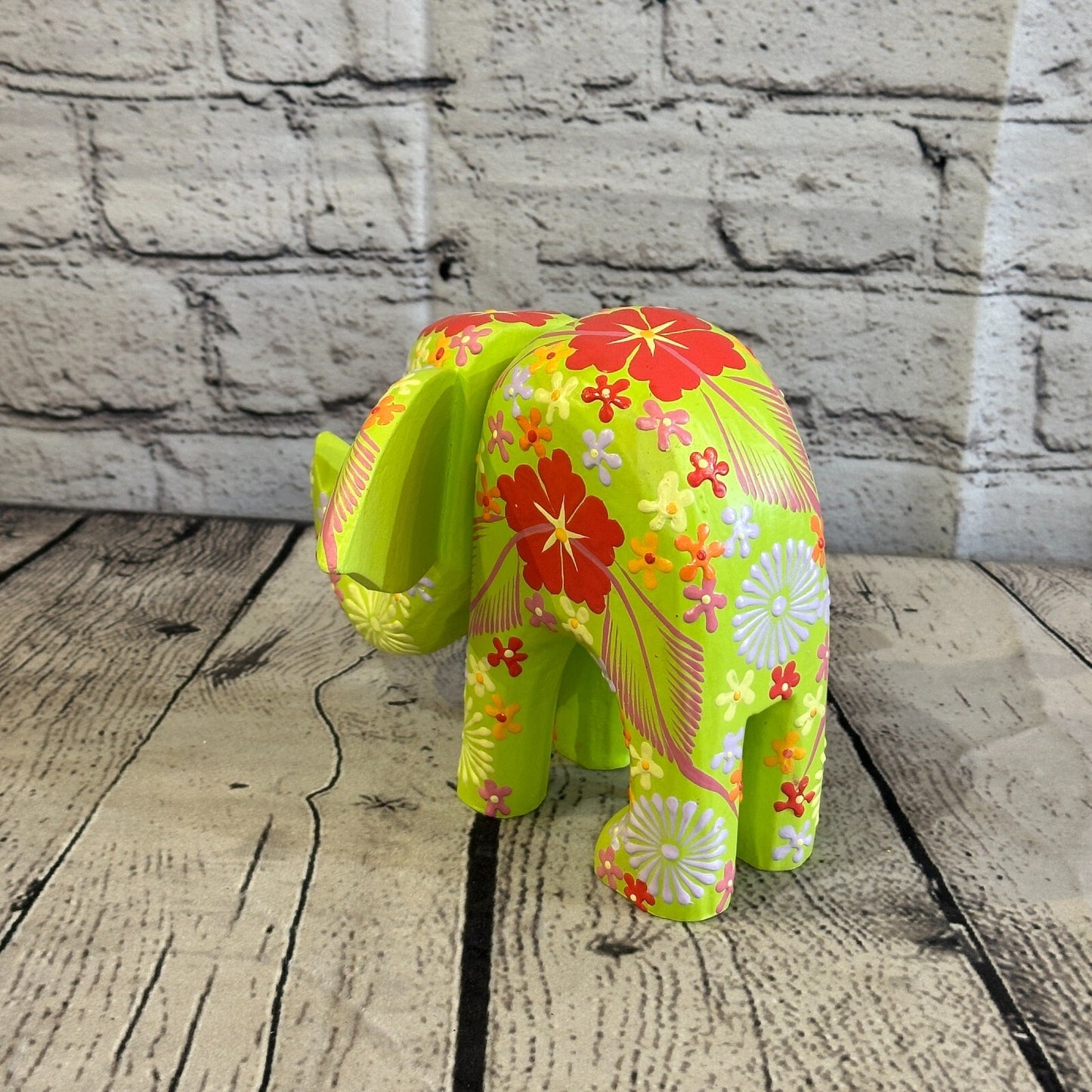 Green Wooden Elephant With Flower Pattern 15cm x 18cm Handmade and Fairtrade