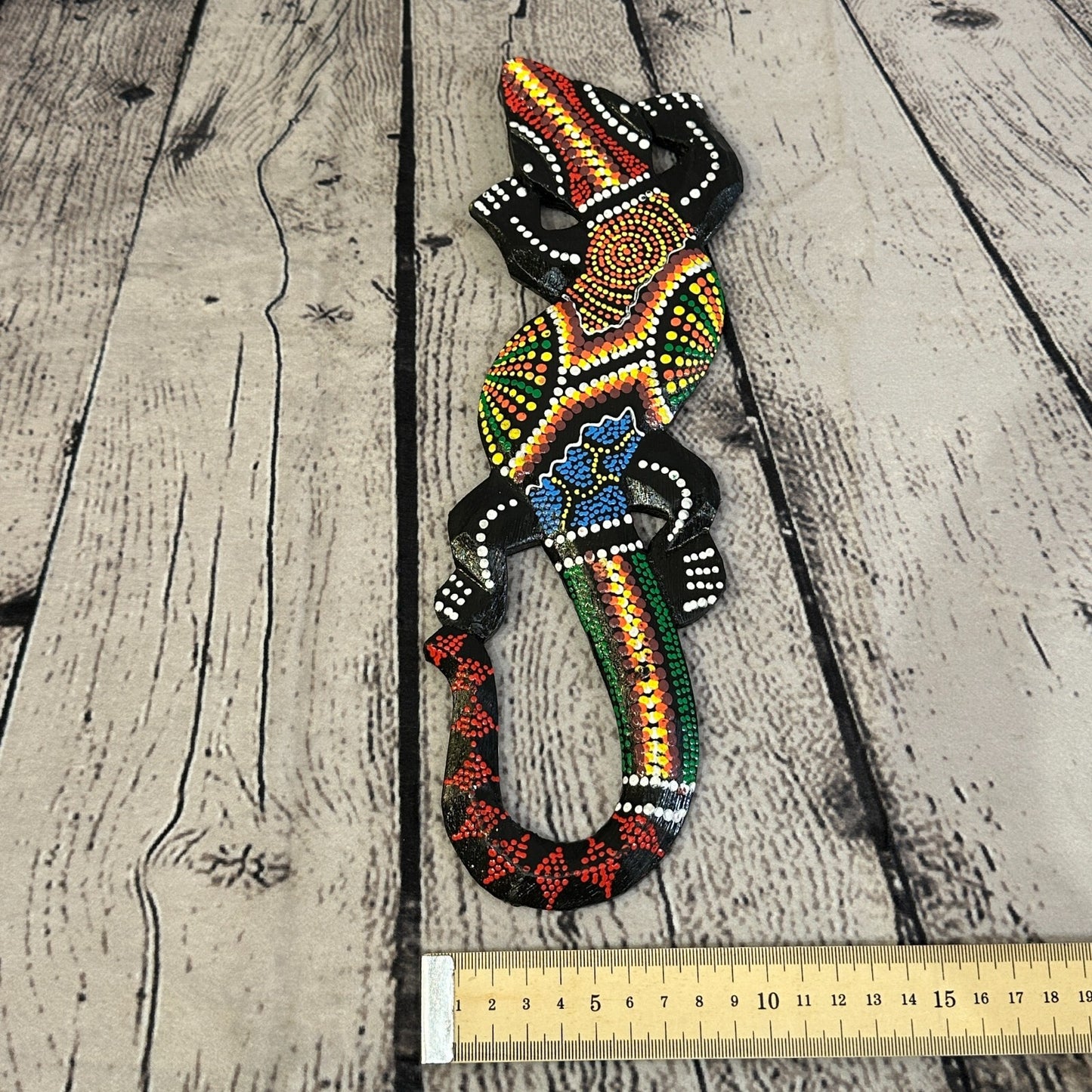 30cm Gecko Carved Wooden Dot Painted Ethnic Tribal Tiki Wall Handmade No 6