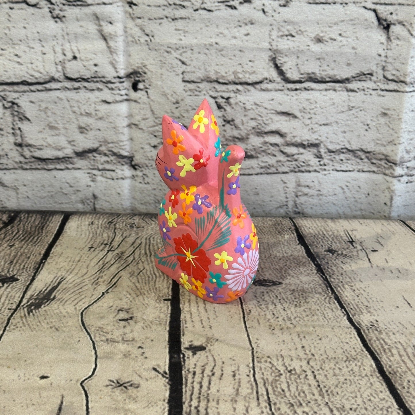 Pink Small Wooden Cat With Flower Pattern 12cm x 6cm Handmade and Fairtrade