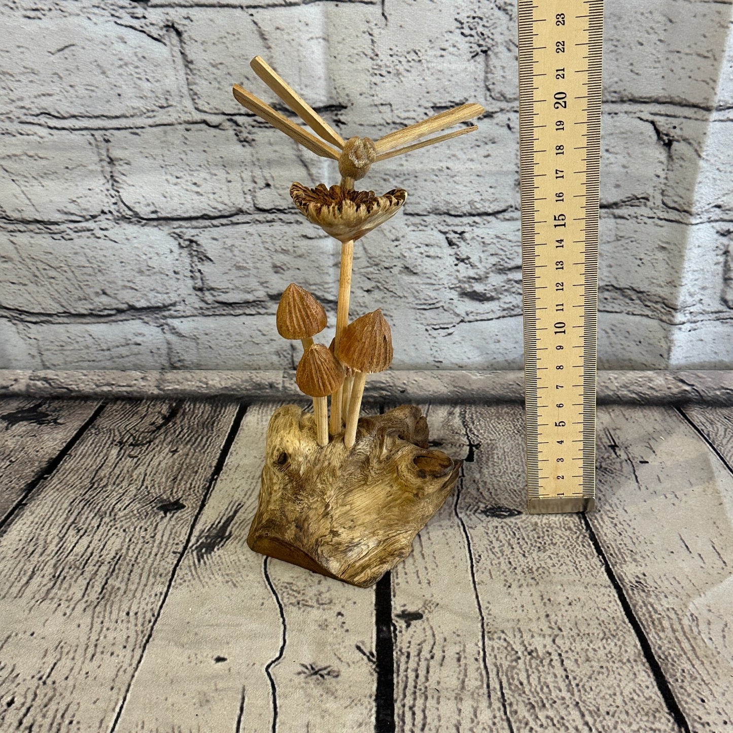 Dragonfly Mushroom Stand Parasite Wood Ornament Natural Carving Wooden Standing