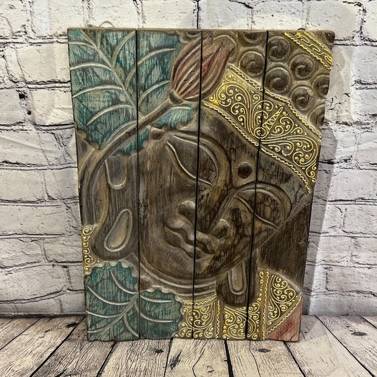 Wooden Wood Panel 45cm Pastel Colour Buddha Lotus Wall Art Plaque Handcarved